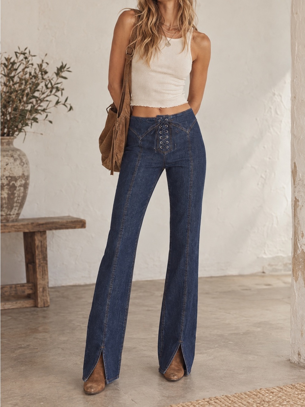 Miaou Element Bootcut Lace Up Pants Size Medium Dark Wash NWT Split Hem